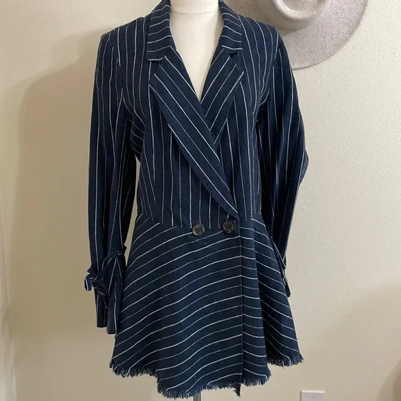 New FREE PEOPLE Stella Blazer Jacket Navy Blue White Stripe Fluted Sleeve - Picture 4 of 14